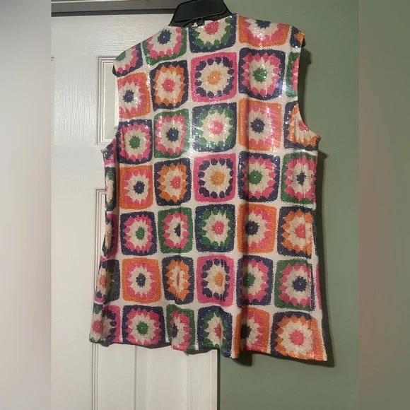 Vilagallo Sleeveless V-Neck Sequin Patchwork Print Top - Multicolor - Picture 5 of 8